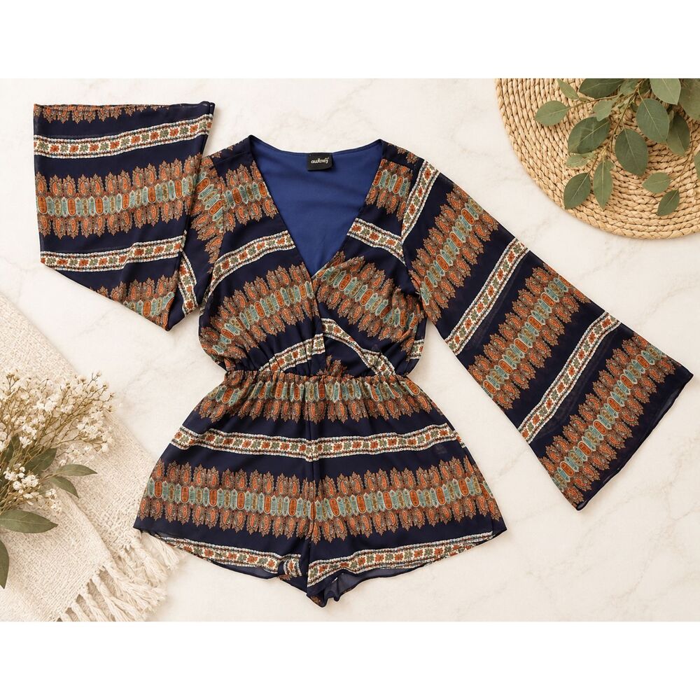 Audrey 3+1 Women's Navy Paisley Long Sleeve Bell Sleeve Romper